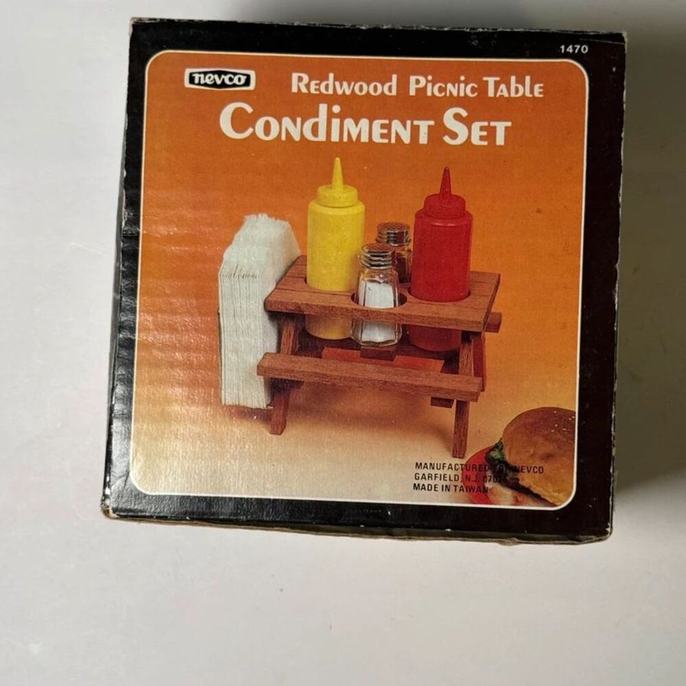 Vintage Nevco Redwood Picnic Table Condiment Set with Original Box & Bottles